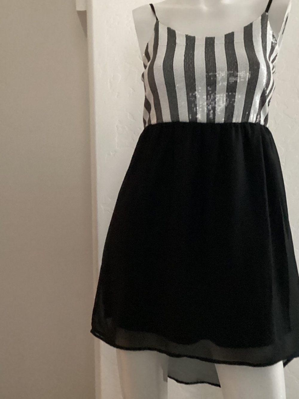 Gracie, size XS, high/low black and white sequined and laced bodice dress